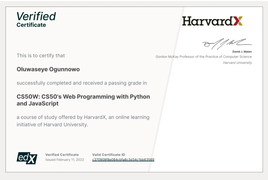 HarvardX Certificate